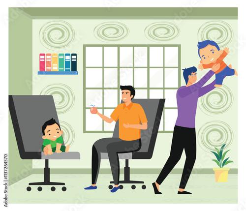 Family maternity paternity leave concept. Father Feeding Child, Playing with Toddler.