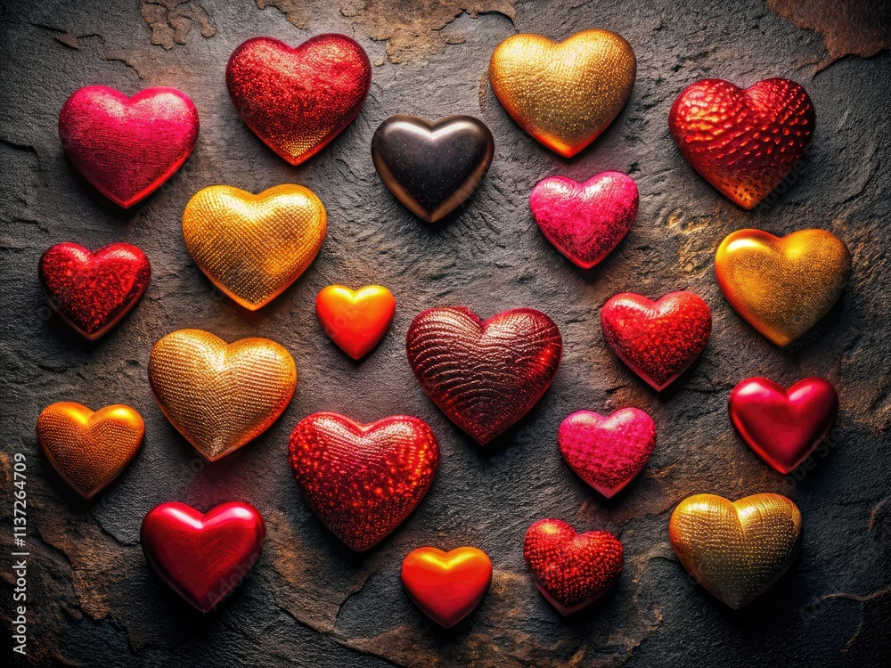 Fototapeta premium Celebrate Valentine's Day with this dark, romantic card featuring textured black hearts.
