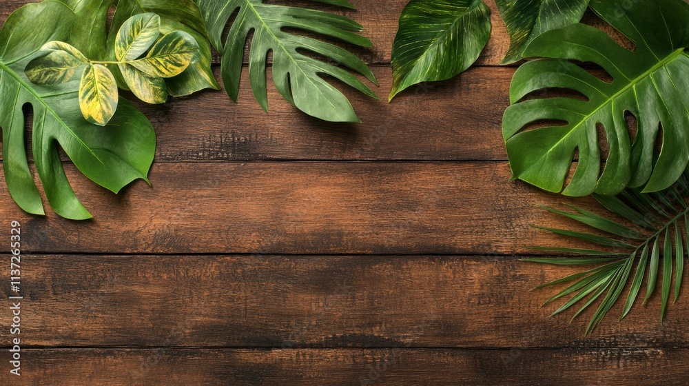 Vibrant tropical foliage is artistically placed on rustic wooden planks, creating a calming and natural atmosphere ideal for decoration Vibrant tropical foliage is artistically placed on rustic wooden planks, creating a calming and natural atmosphere ideal for decoration