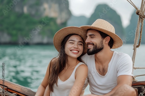 Young couple wearing straw hats enjoying a boat trip in ha long bay, vietnam photo