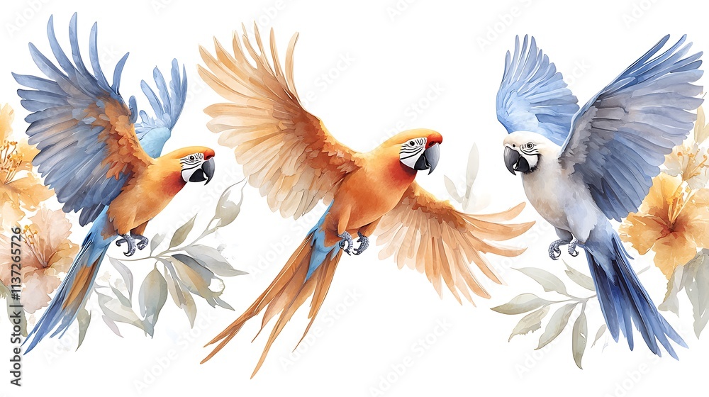Obraz premium Vibrant parrots in flight tropical paradise digital artwork colorful nature wildlife
