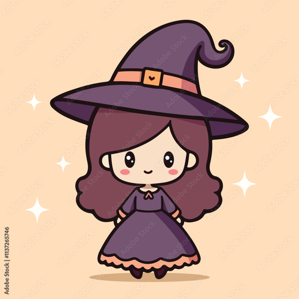 Adorable Young Witch with Long Hair and Magic Hat Flat Vector Art for Halloween Adorable Young Witch with Long Hair and Magic Hat Flat Vector Art for Halloween