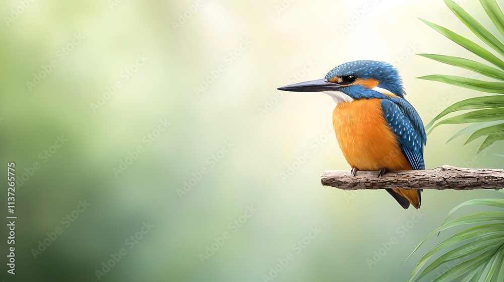 Fototapeta premium Elegant kingfisher perched on a branch in a lush green environment nature photography