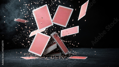 deck of playing cards exploding into pieces, creating dramatic scene. cards are scattered in mid air, showcasing energy and chaos of moment photo