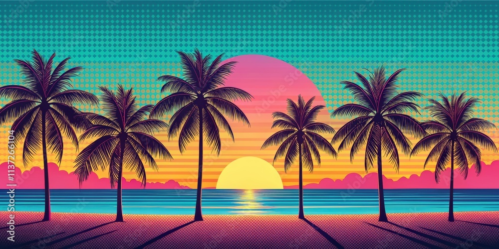 Obraz premium 1980s style pop art of beach scene with palm trees , beach, palm trees, 1980s, pop art, retro, colorful, vibrant, summer, tropical