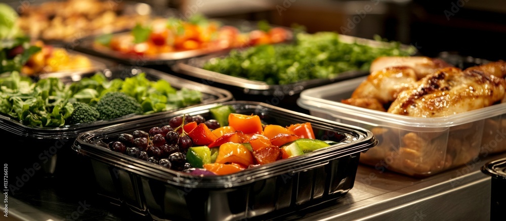 Colorful fruits and vegetables in plastic containers on metal countertop, accompanied by salad, roasted chicken, and broccoli Colorful fruits and vegetables in plastic containers on metal countertop, accompanied by salad, roasted chicken, and broccoli