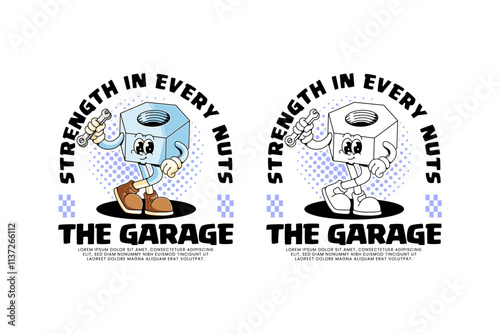 nut of fastener equipment retro cartoon character mascot illustration with standing pose and holding wrench spanner tool for garage, workshop, craftsman mascots and merchandise