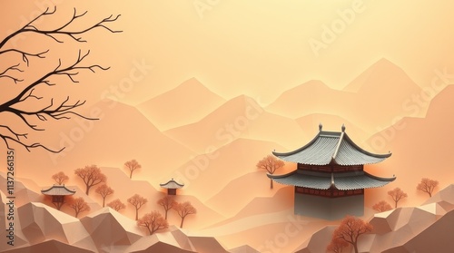 Serene landscape featuring traditional Asian architecture amidst mountains and autumn trees.