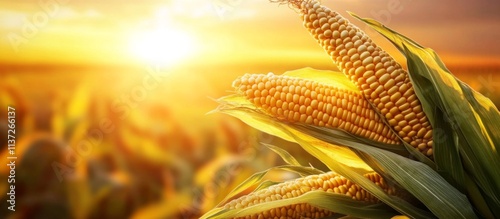 Vibrant Cornfield at Sunset with Sunlit Husks, Rows of Stalks, and Warm Orange Sky, Conveying Freshness and Abundance