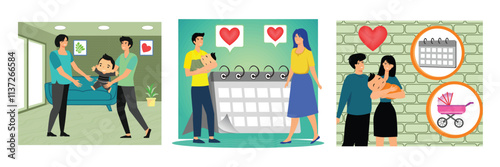 Happy family Members Planning Their Schedule with a Calendar. Family Representing Parenthood. Family maternity paternity leave. Set flat vector modern illustration