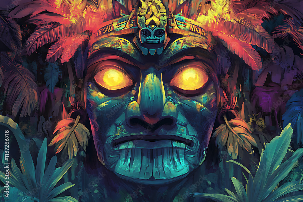 A vibrant, mystical statue surrounded by lush foliage and colorful lights. A vibrant, mystical statue surrounded by lush foliage and colorful lights.