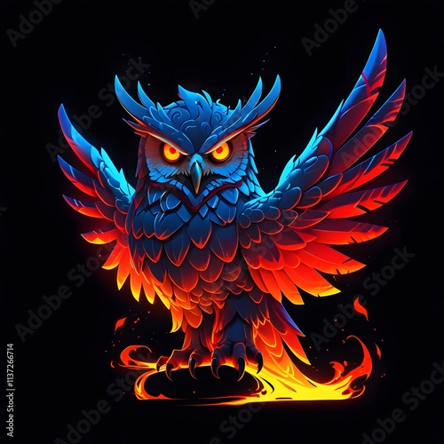 Majestic fire-eyed owl fantasy realm digital art dark background close-up vibrant colors for visual impact photo