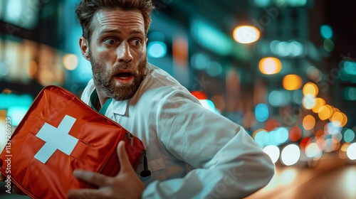 A Caucasian male paramedic in scrubs hurries down a city street at night, clutching a bright red first aid kit with an anxious expression.