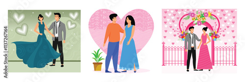 Elegant Couple in Formal Attire. Happy Couple Posing Together. Floral Archway with Pink Decorative Background. Set flat vector modern illustration