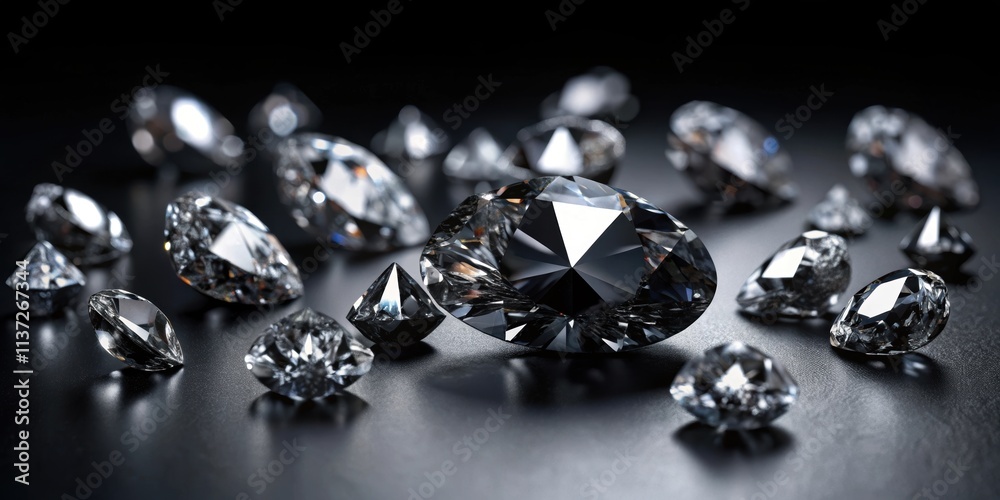 Black diamonds of various cuts on a dark background, black diamonds, precious stones, luxury, jewelry, sparkle Black diamonds of various cuts on a dark background, black diamonds, precious stones, luxury, jewelry, sparkle