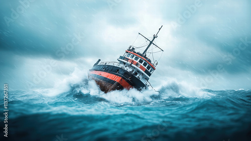 ship battles turbulent waves in stormy sea, showcasing resilience and struggle against nature fury. dramatic scene evokes sense of adventure and peril