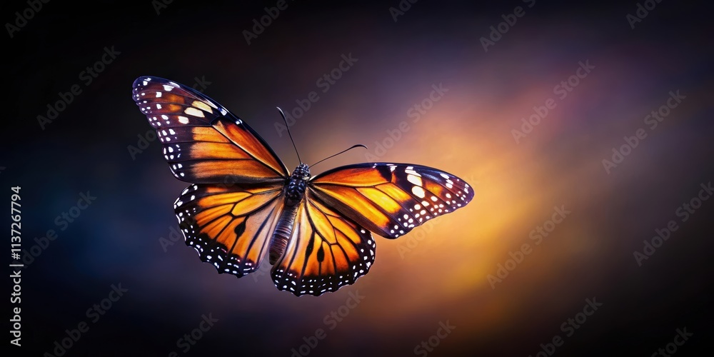 Fototapeta premium Beautiful butterfly soaring gracefully against a dark background, butterfly, beautiful, insect, wings, flying, graceful