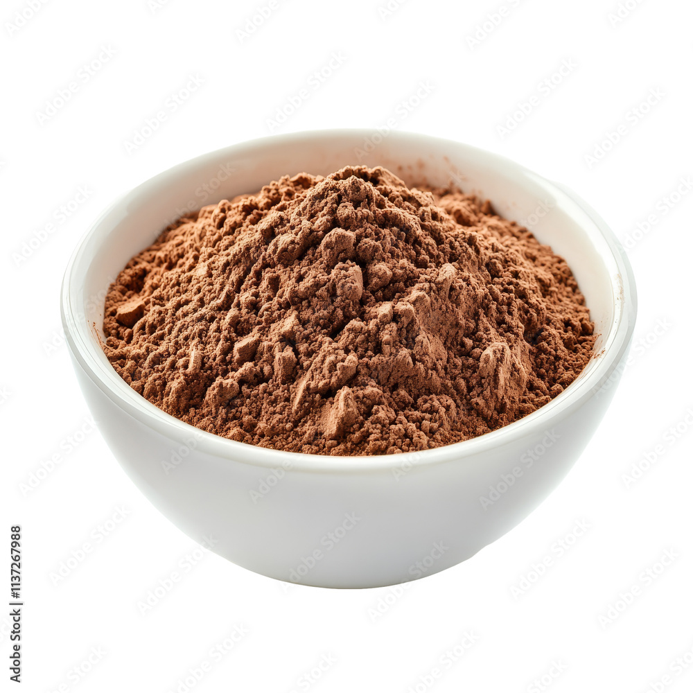 Sweet chocolate powder piled high in a transparent bowl on a clean transparent surface, ready for baking or dessert creations, Sweet chocolate powder in a transparent bowl on a transparent background Sweet chocolate powder piled high in a transparent bowl on a clean transparent surface, ready for baking or dessert creations, Sweet chocolate powder in a transparent bowl on a transparent background