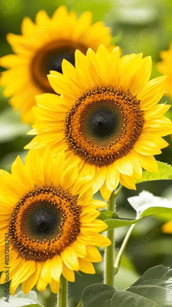 Fototapeta premium Vibrant Sunflowers Blooming in Summer Field Bright Yellow Petals Nature Photography