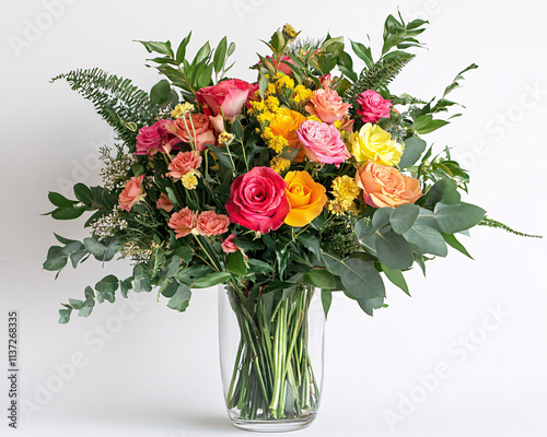 Wallpaper Mural colorful floral arrangement of pink yellow and orange roses in clear vase on white background Torontodigital.ca