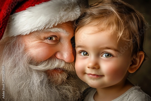 Lively festive season, Ñute baby boy happy with santa claus. Christmas digital ads conceptual art pic for print ad and online use. Christmas carols advertising. Christmas magical ads. photo