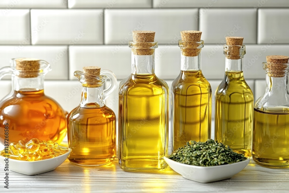 Collection of Various Vegetable Oils in Clear Glass Bottles with Decorative Cork Stoppers and Small Dish Filled with Green Seeds