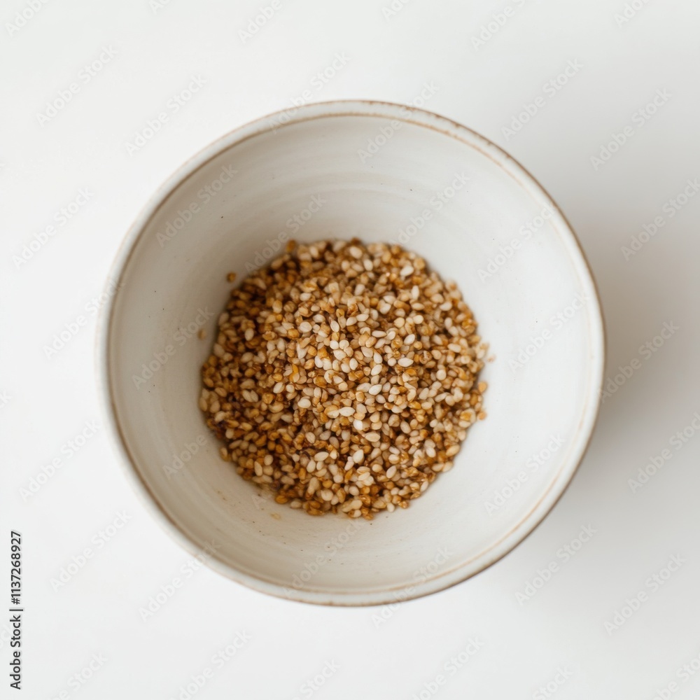 A minimalist bowl of plain buckwheat with a light drizzle of sesame oil and a sprinkle of toasted sesame seeds, served in a simple white ceramic bowl, Buckwheat centered A minimalist bowl of plain buckwheat with a light drizzle of sesame oil and a sprinkle of toasted sesame seeds, served in a simple white ceramic bowl, Buckwheat centered