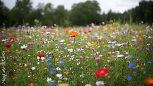Vibrant field of wildflowers with a standout orange bloom against a blurred woodland backdrop under a serene overcast sky photo
