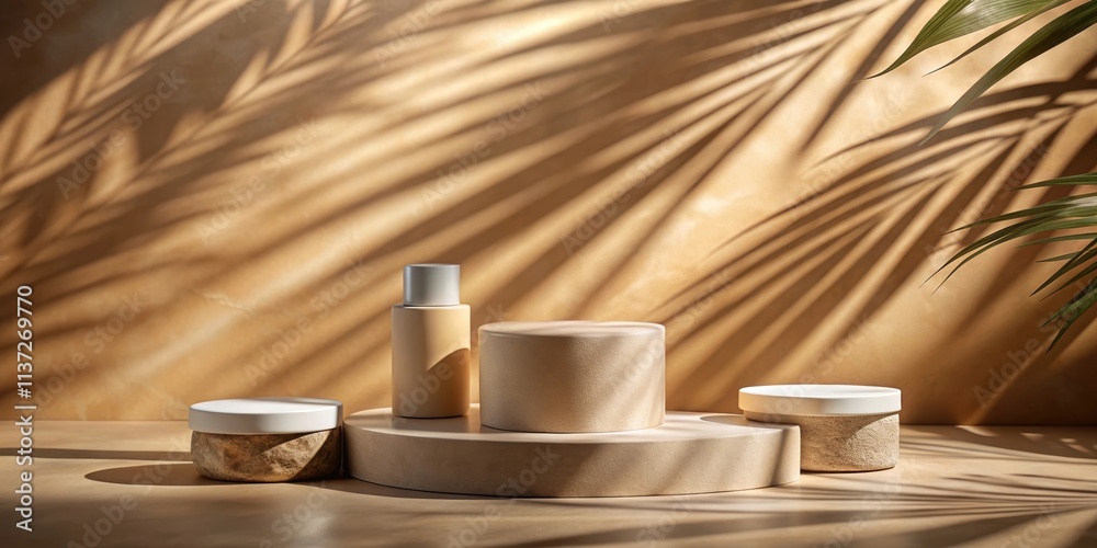 Stone podium display for cosmetic products on brown background with sun shadow, creating a natural landscape showcase Stone podium display for cosmetic products on brown background with sun shadow, creating a natural landscape showcase