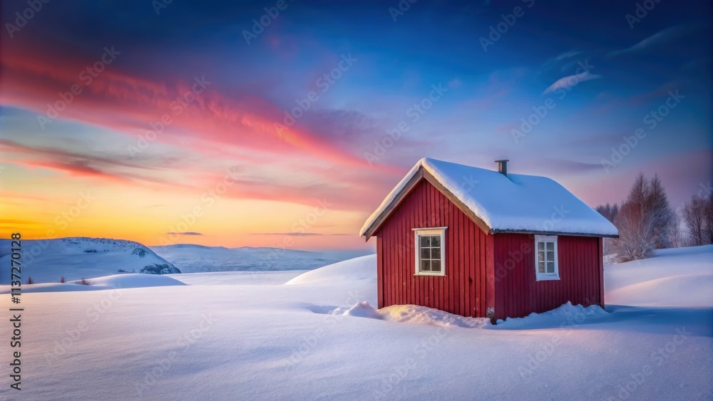 Cozy red hut surrounded by snowy landscape at dusk, ideal for adventurers and dreamers, cozy, red hut, snowy, landscape Cozy red hut surrounded by snowy landscape at dusk, ideal for adventurers and dreamers, cozy, red hut, snowy, landscape