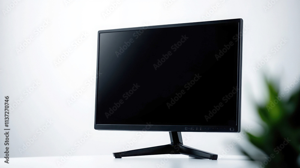 Fototapeta premium A modern black computer monitor on a minimalist desk setup.