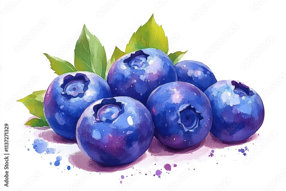 Watercolor Blueberries with Leaves Watercolor Blueberries with Leaves