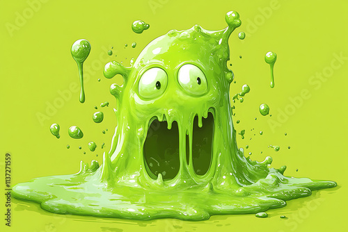 A cartoonish green slime creature with wide eyes and an open mouth, splattering goo. photo