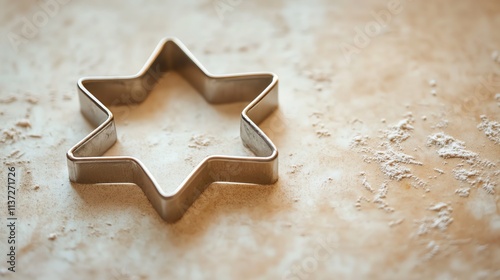 A metal cookie cutter shaped like a star on a light brown counter. photo