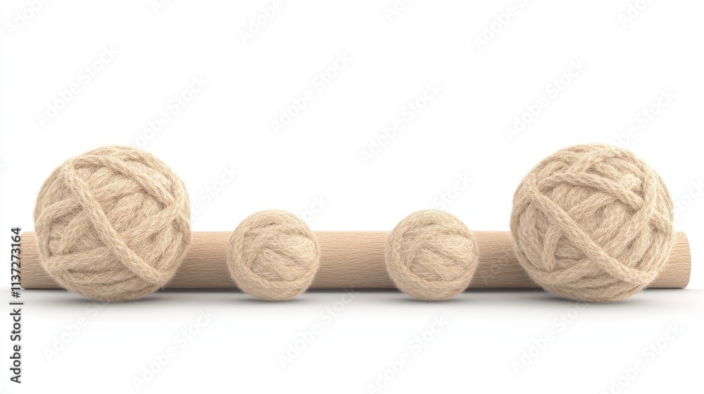Fototapeta premium Beige Yarn Balls on Wooden Surface Crafts Knitting Hobbies