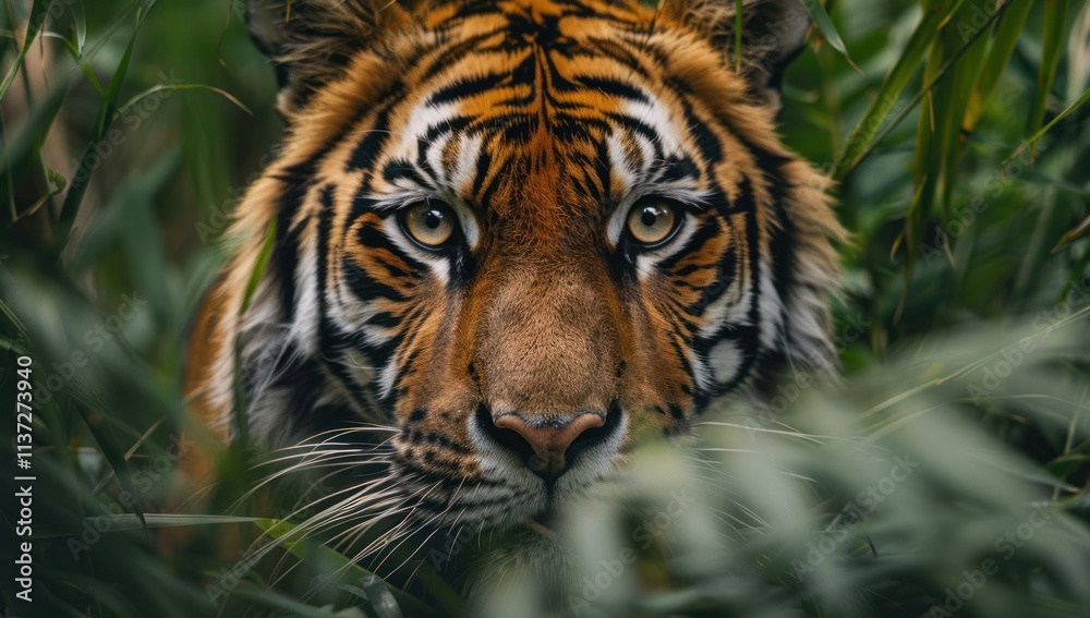 Fototapeta premium Tiger's Gaze Through Green Foliage