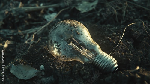 Abandoned light bulb in polluted soil highlighting environmental concerns