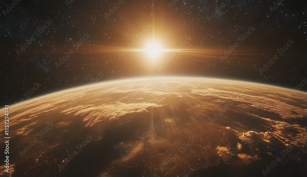 Obraz premium A stunning view of Earth from space, with the sun rising over Europe and Central Asia, symbolizes hope for a new beginning in global environmental action.