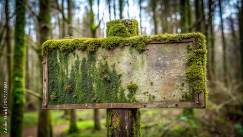 Creepy peeling abandoned moss-grown sign , eerie, unsettling, weathered, aged, decayed, spooky, abandoned, desolate