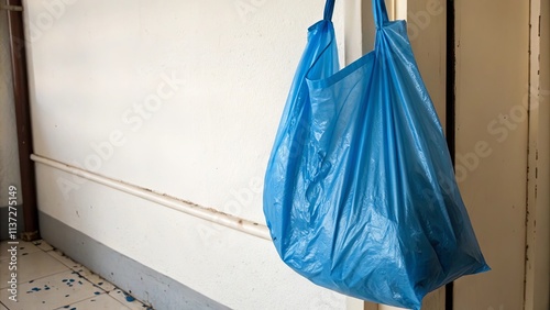 A blue plastic bag is hanging on a door