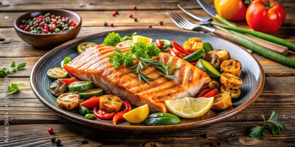 Grilled salmon and vegetables on wooden dinner table, grilled, salmon, vegetables, wood, dinner, table, cooked, fish Grilled salmon and vegetables on wooden dinner table, grilled, salmon, vegetables, wood, dinner, table, cooked, fish