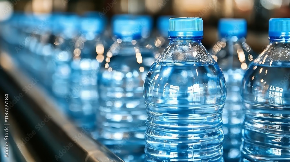 A row of clear plastic water bottles with light blue caps, arranged neatly on a conveyor belt in a production facility. A row of clear plastic water bottles with light blue caps, arranged neatly on a conveyor belt in a production facility.