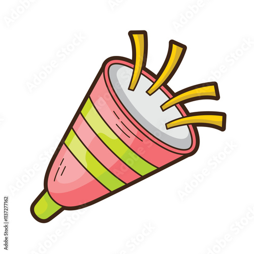 Pink and green party noisemaker with yellow streamers. Suitable for birthday, celebration, party, events, and festive themed designs and concepts