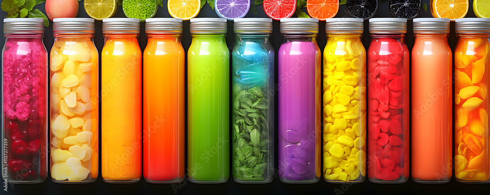 Vibrant Rainbow Hues in Glass Bottles, A Colorful, Abstract Still Life Composition of Food-Inspired Designs Vibrant Rainbow Hues in Glass Bottles, A Colorful, Abstract Still Life Composition of Food-Inspired Designs