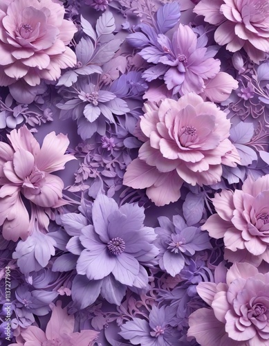 Pastel violet floral background with intricate, swirling patterns of varying shades of purple and pink, delicate blooms, floral patterns