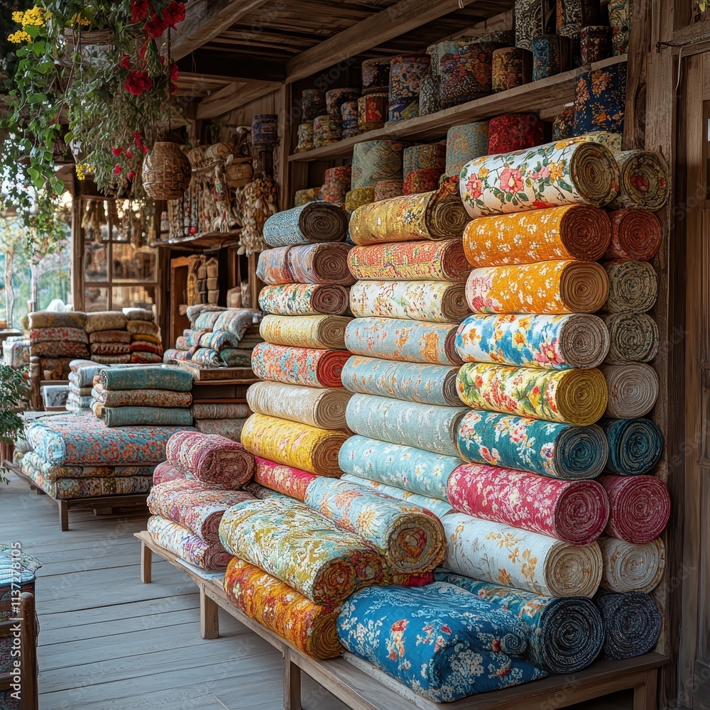 Fototapeta premium Traditional textile shop with colorful patterns and fabric on display