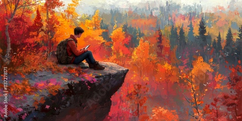 Autumn Backpacker Cliffside View Fall Forest Landscape