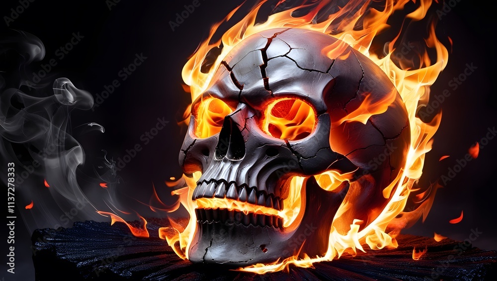 Fiery Skull With Glowing Eyes Surrounded by Flames in a Dark Atmosphere at Night. Generative AI Fiery Skull With Glowing Eyes Surrounded by Flames in a Dark Atmosphere at Night. Generative AI