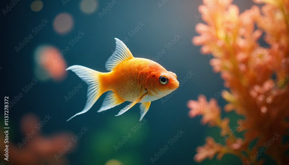 Goldfish swimming gracefully in an aquarium with colorful plants Goldfish swimming gracefully in an aquarium with colorful plants