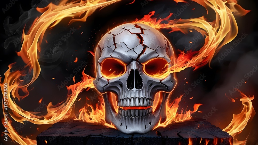 A Glowing Skull Surrounded by Flames Creates a Dramatic Atmosphere in a Darkened Setting. Generative AI A Glowing Skull Surrounded by Flames Creates a Dramatic Atmosphere in a Darkened Setting. Generative AI